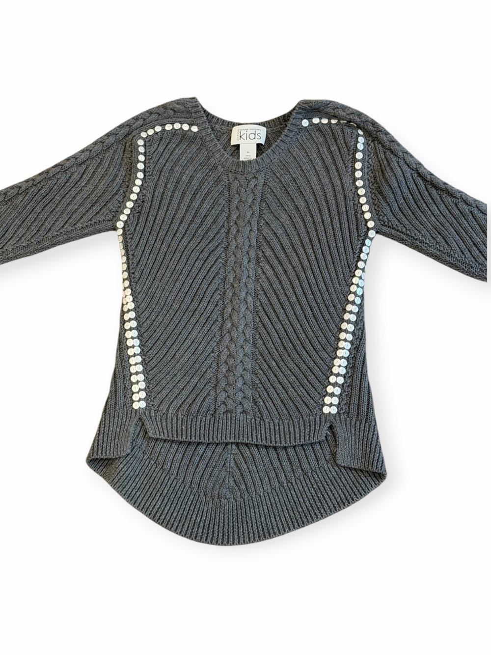 Autumn Cashmere, Girls Gray Cable Knit Sweater with Sequin Trim, Size 10